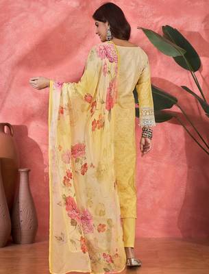 Women yellow pure cotton embroidered kurta set 2