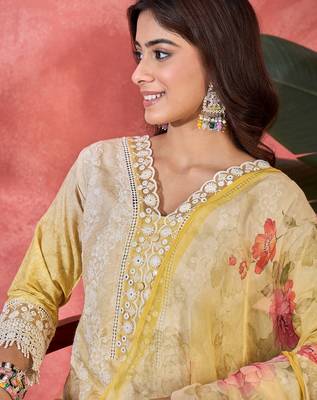 Women yellow pure cotton embroidered kurta set 5