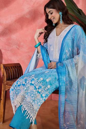 Women blue  pure cotton embroidered kurta set