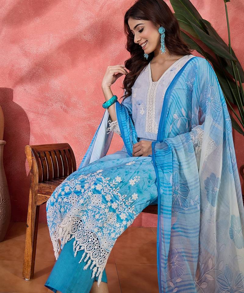 Women blue  pure cotton embroidered kurta set