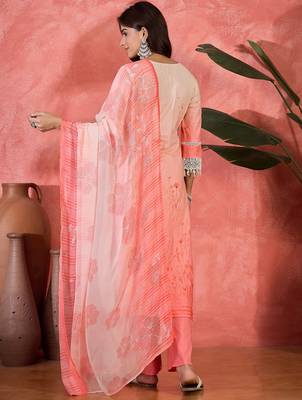 Women peach pure cotton embroidered kurta set 2