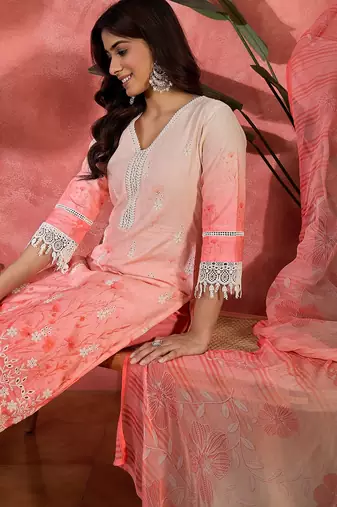 Women peach  pure cotton embroidered kurta set