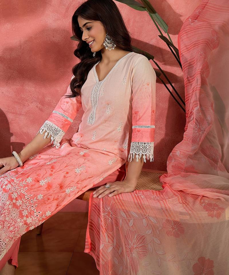 Women peach  pure cotton embroidered kurta set