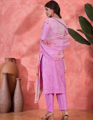 Women purple pure cotton embroidered kurta set 1