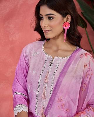Women purple pure cotton embroidered kurta set 4
