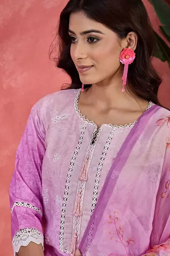 Women purple pure cotton embroidered kurta set