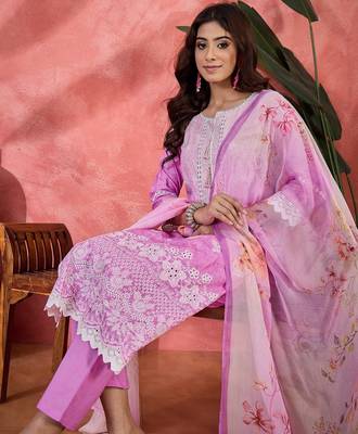Women purple pure cotton embroidered kurta set 5