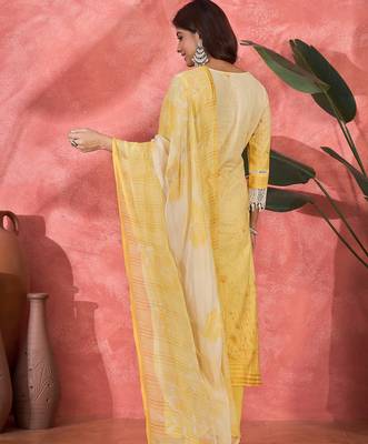 Women mustard pure cotton embroidered kurta set 2