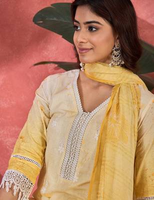 Women mustard pure cotton embroidered kurta set 5