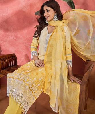 Women mustard pure cotton embroidered kurta set 1