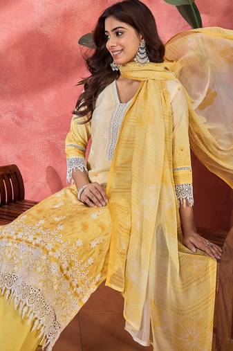 Women mustard  pure cotton embroidered kurta set