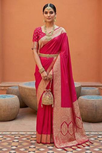 Pink soft banarasi silk fabric saree with natural zari weaving in gala border