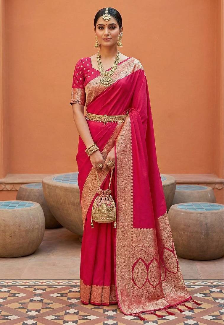 Pink soft banarasi silk fabric saree with natural zari weaving in gala border
