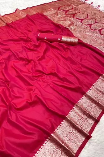 Pink soft banarasi silk fabric saree with natural zari weaving in gala border