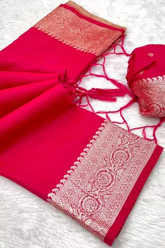 Pink soft banarasi silk fabric saree with natural zari weaving in gala border