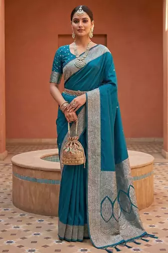 Teal soft banarasi silk fabric saree with natural zari weaving in gala border