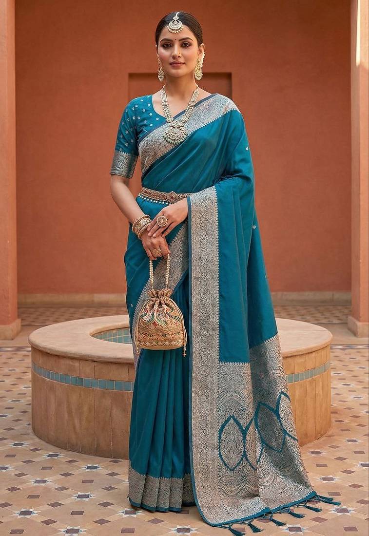 Teal soft banarasi silk fabric saree with natural zari weaving in gala border