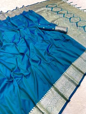 Teal soft banarasi silk fabric saree with natural zari weaving in gala border 2
