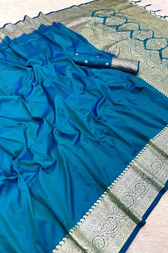 Teal soft banarasi silk fabric saree with natural zari weaving in gala border