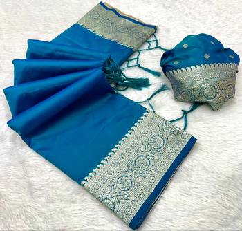 Teal soft banarasi silk fabric saree with natural zari weaving in gala border 3