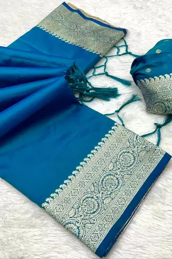 Teal soft banarasi silk fabric saree with natural zari weaving in gala border