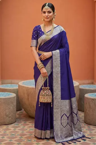 Violet  soft banarasi silk fabric saree with natural zari weaving in gala border