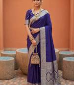Violet soft banarasi silk fabric saree with natural zari weaving in gala border
