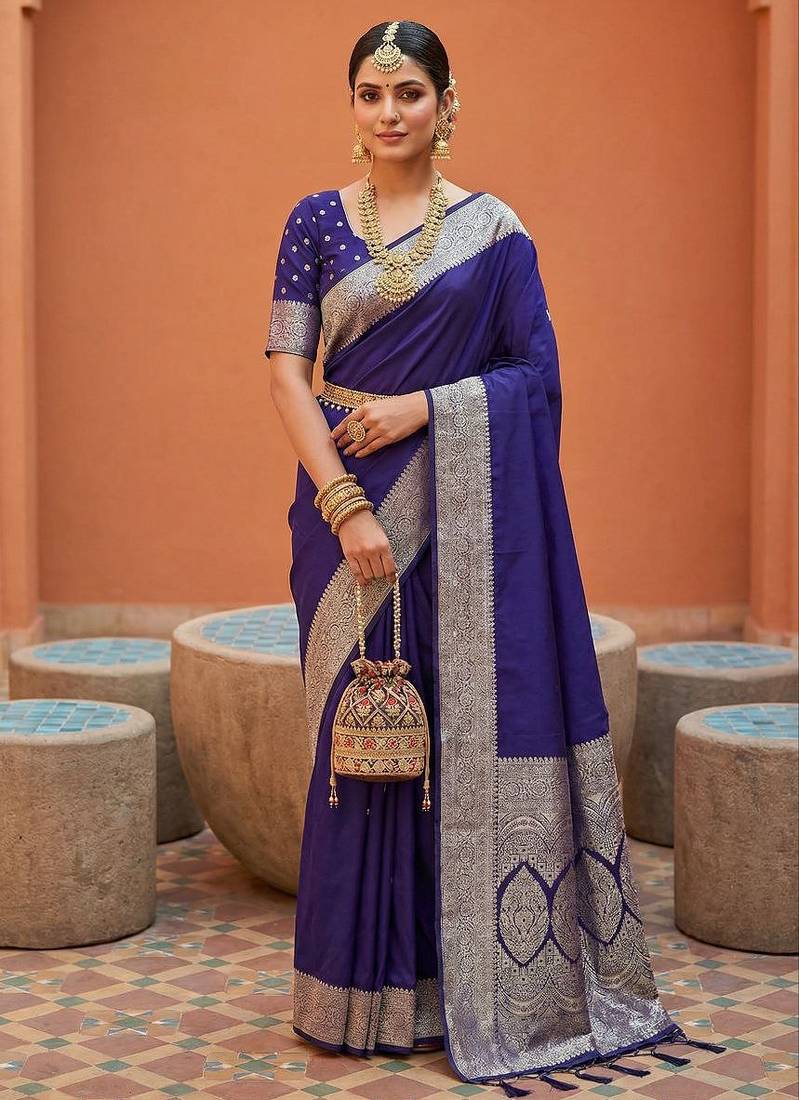 Violet  soft banarasi silk fabric saree with natural zari weaving in gala border