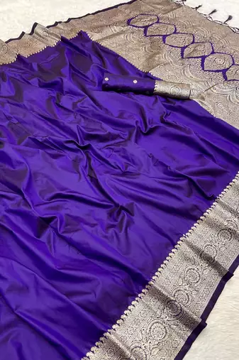 Violet soft banarasi silk fabric saree with natural zari weaving in gala border