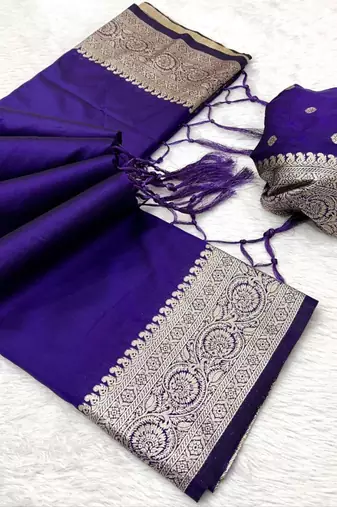 Violet soft banarasi silk fabric saree with natural zari weaving in gala border