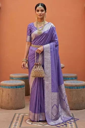 Lavender soft banarasi silk fabric saree with natural zari weaving in gala border