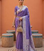 Lavender soft banarasi silk fabric saree with natural zari weaving in gala border