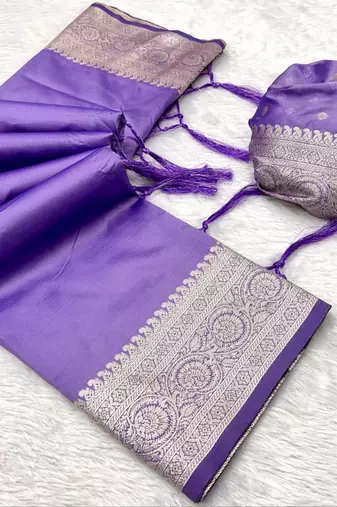 Lavender soft banarasi silk fabric saree with natural zari weaving in gala border