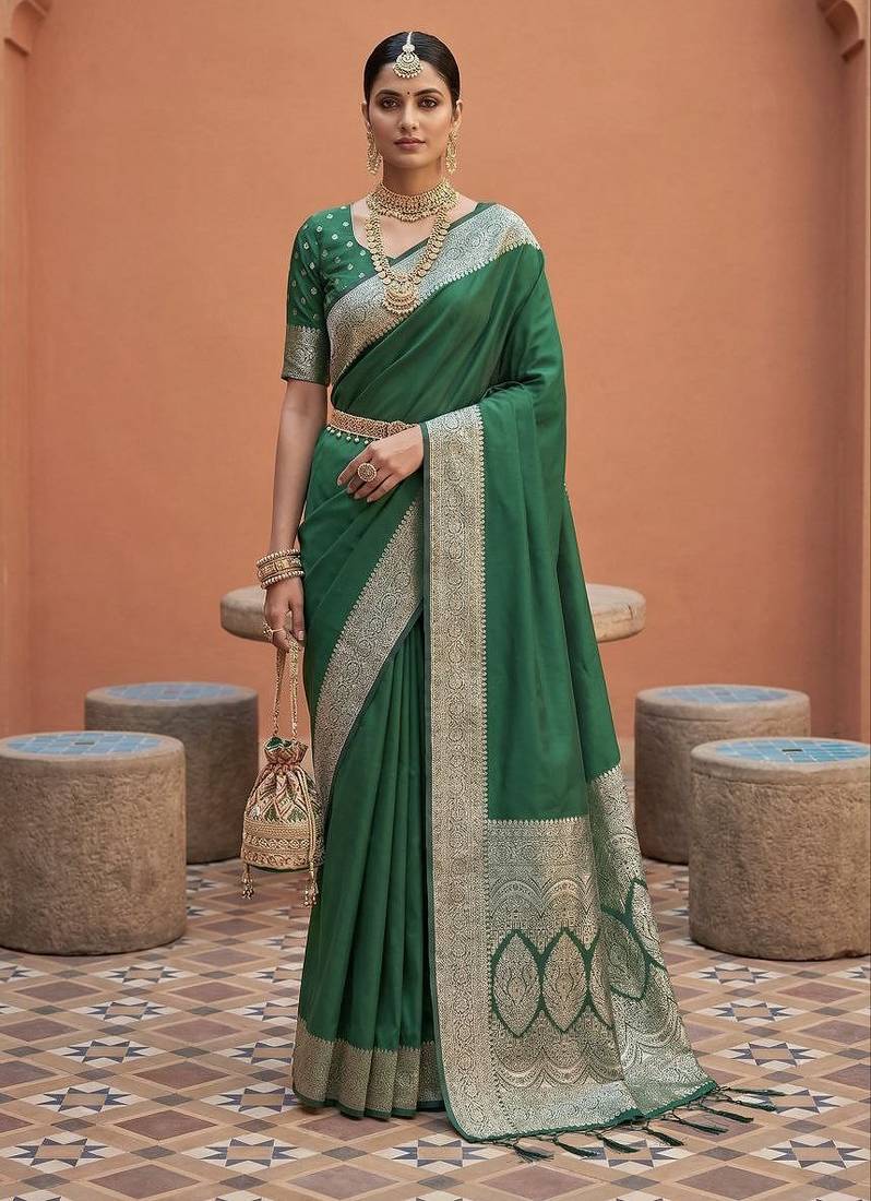 Sea green soft banarasi silk fabric saree with natural zari weaving in gala border
