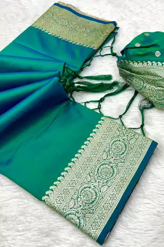 Sea green soft banarasi silk fabric saree with natural zari weaving in gala border