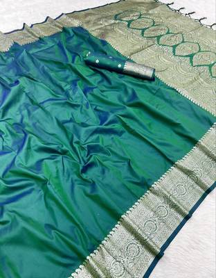 Sea green soft banarasi silk fabric saree with natural zari weaving in gala border 3