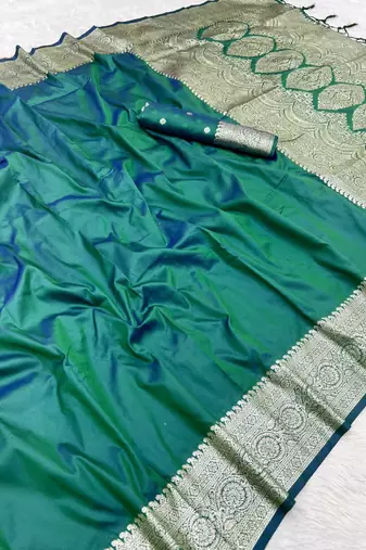 Sea green soft banarasi silk fabric saree with natural zari weaving in gala border