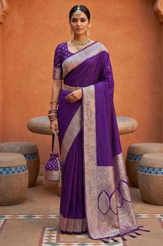 Purple soft banarasi silk fabric saree with natural zari weaving in gala border