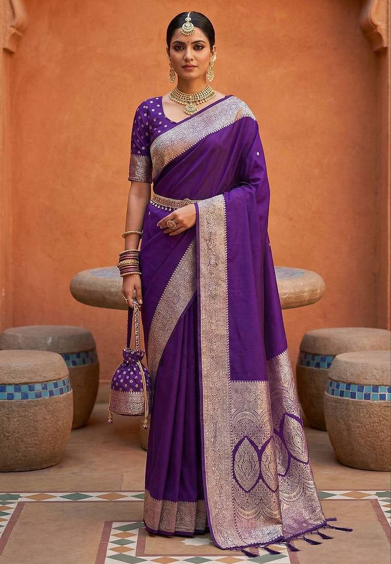 Purple soft banarasi silk fabric saree with natural zari weaving in gala border