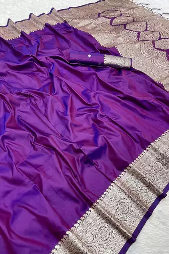 Purple soft banarasi silk fabric saree with natural zari weaving in gala border