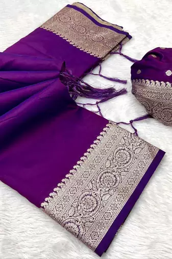 Purple soft banarasi silk fabric saree with natural zari weaving in gala border