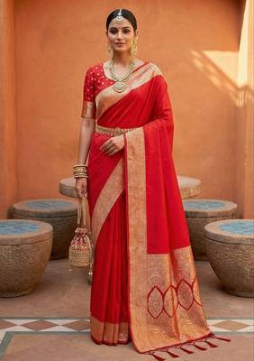 Red soft banarasi silk fabric saree with natural zari weaving in gala border 1