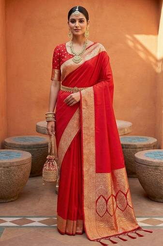 Red soft banarasi silk fabric saree with natural zari weaving in gala border