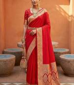 Red soft banarasi silk fabric saree with natural zari weaving in gala border
