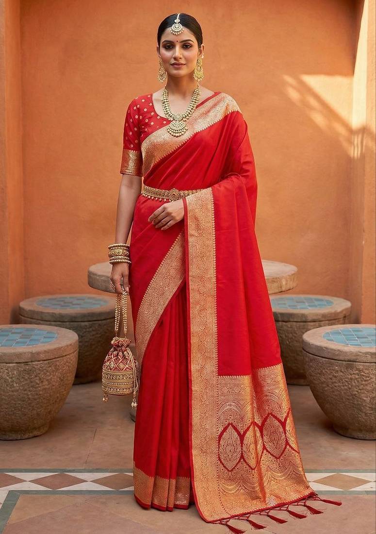 Red soft banarasi silk fabric saree with natural zari weaving in gala border