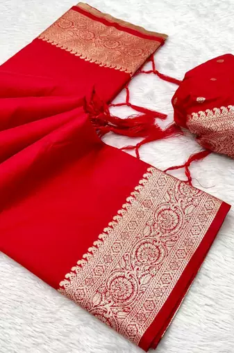 Red soft banarasi silk fabric saree with natural zari weaving in gala border