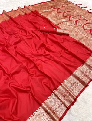 Red soft banarasi silk fabric saree with natural zari weaving in gala border 3