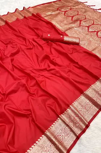 Red soft banarasi silk fabric saree with natural zari weaving in gala border