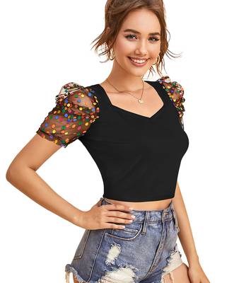  black polka dot crop top for women     aesthetic v-neck puff sleeve designer top 2
