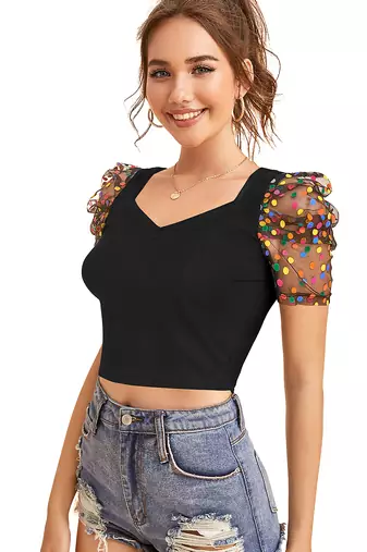 black polka dot crop top for women     aesthetic v-neck puff sleeve designer top